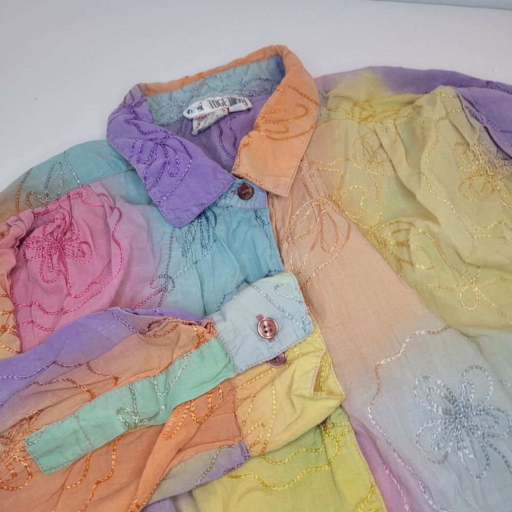 Vntg Together Woman's Blouse TieDye, Embroidered Floral Button Up "One Size"‎